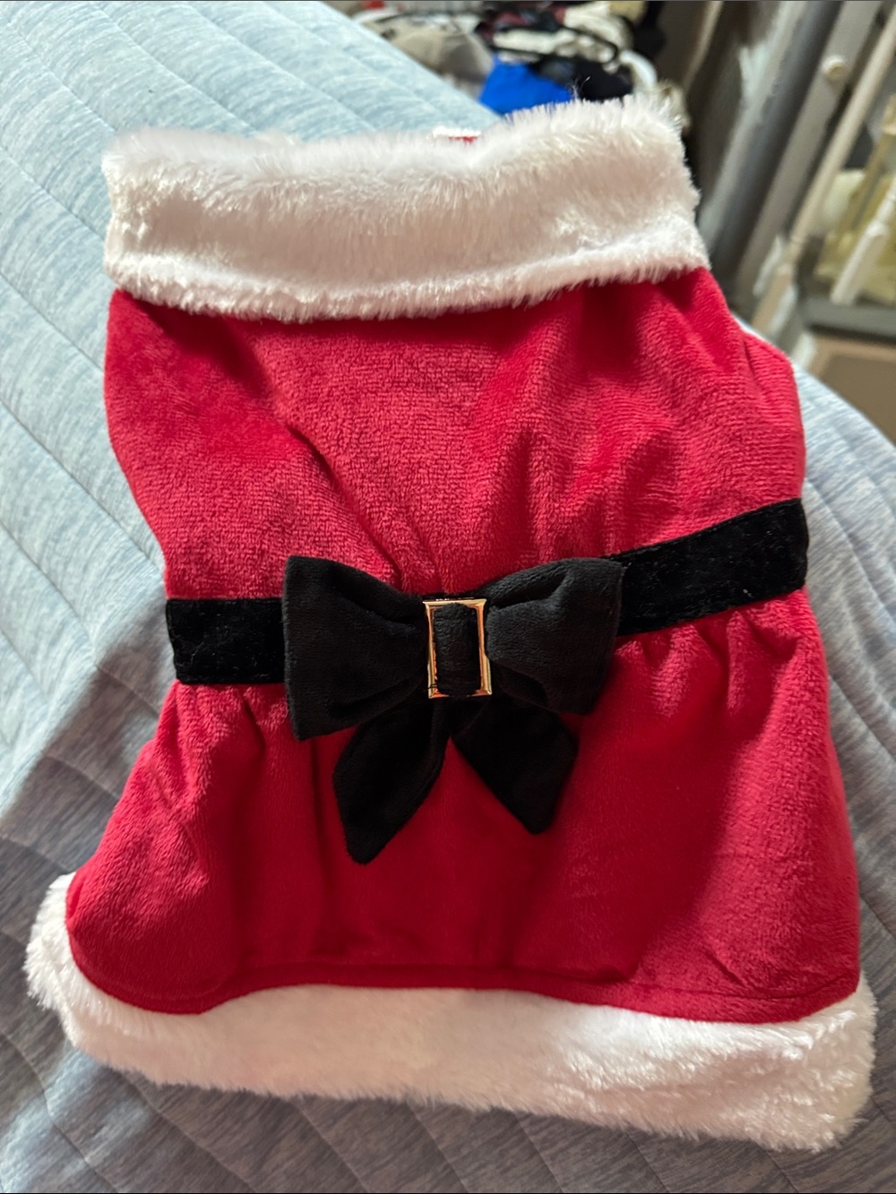 Festive Red Faux-Fur Trim Dog Dress with Black Bow